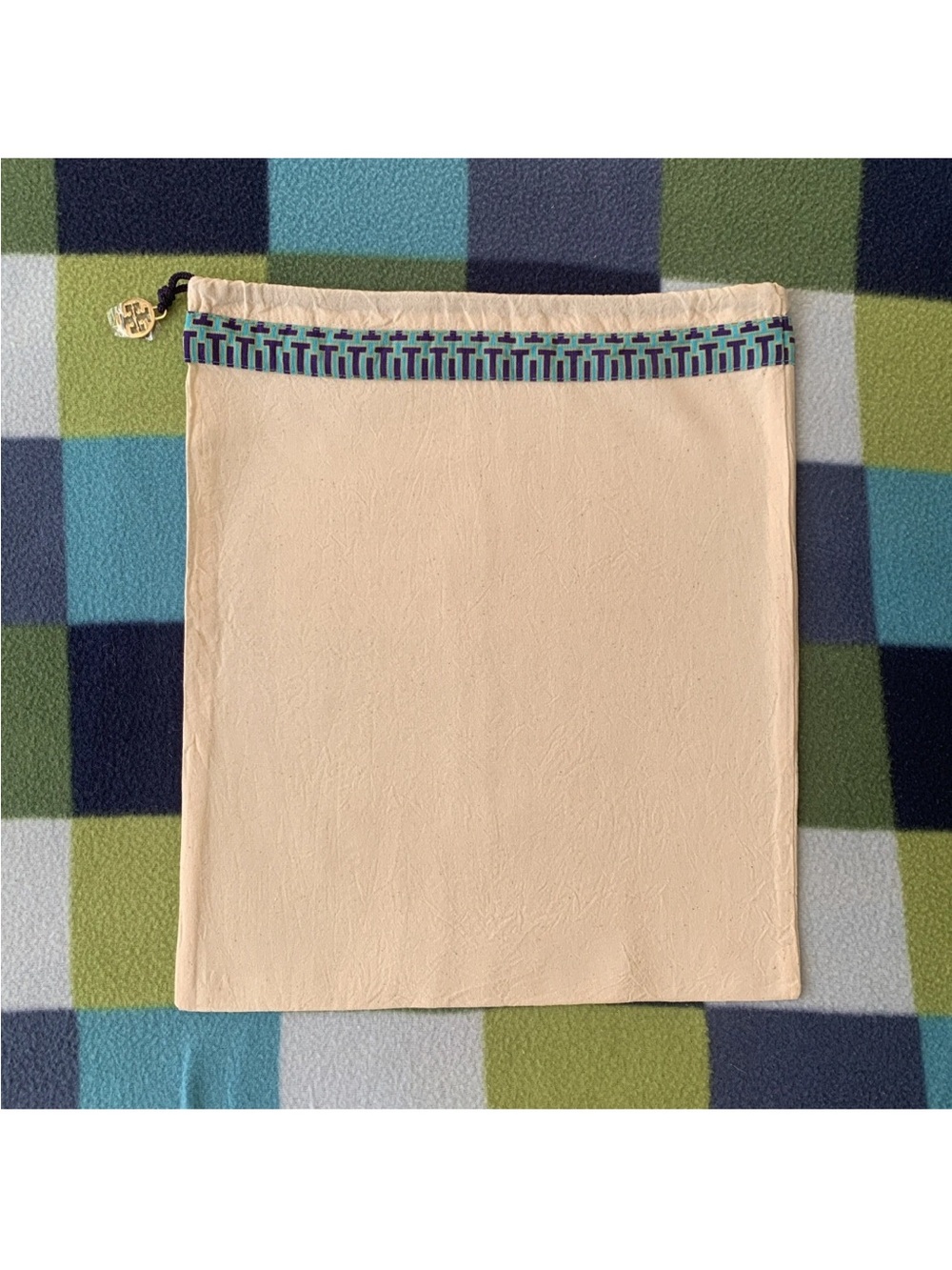 Tory Burch Dust Bag 12x15” Beige Canvas Drawstring Logo Charm Storage Bag New